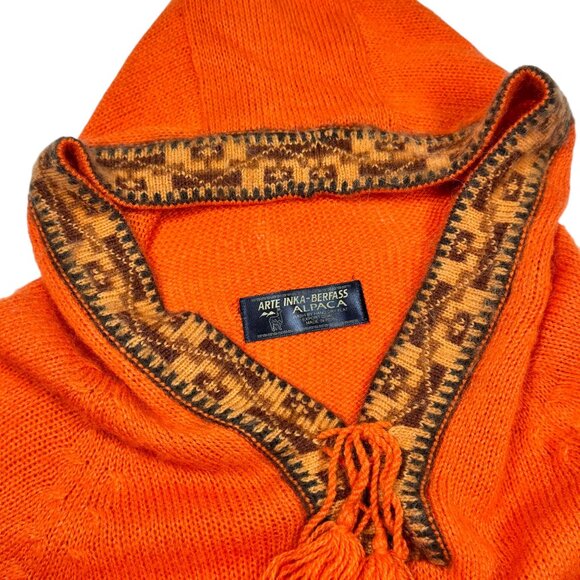 VTG 100% Alpaca Hooded Fringe Sweater Sz.S Orange Cabin Aztec Western Cowgirl - Picture 7 of 14